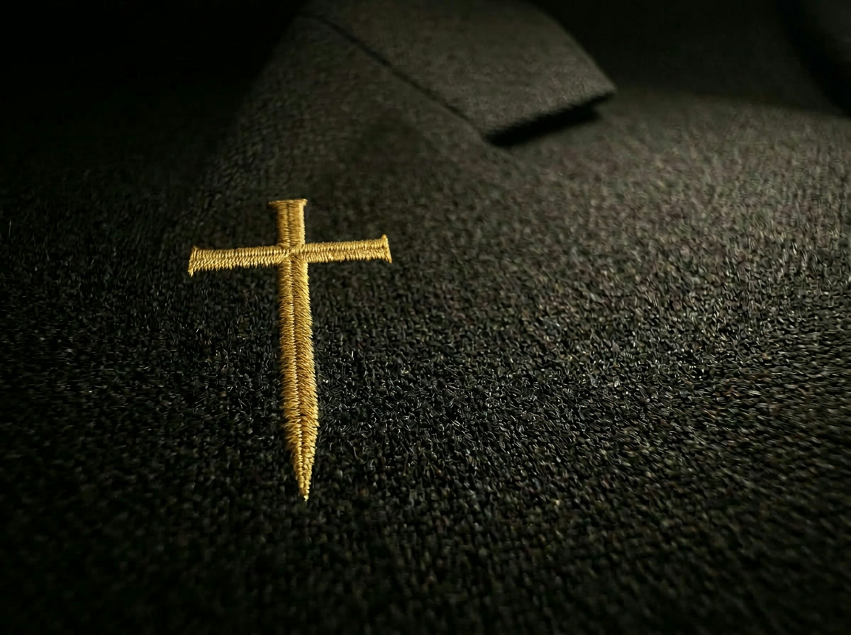 Close-up of the gold embroidered cross
