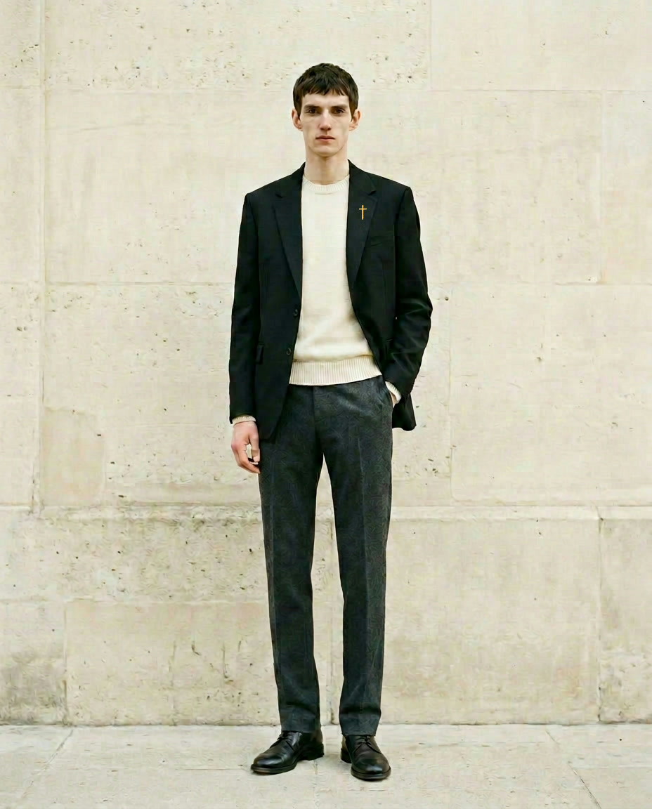 Tall model wearing The Cross Blazer over a cream knit and charcoal trousers